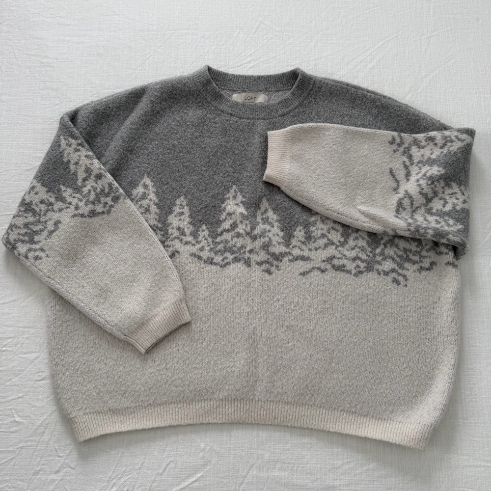 LOFT Gray and Cream Forest Pattern Sweater